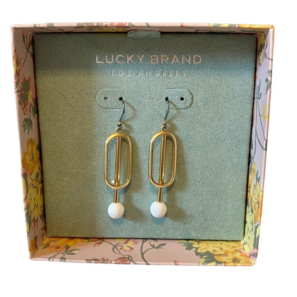 Lucky Brand Matte Gold Drop Earrings w/ White Ball.